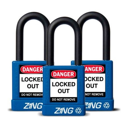 Zing ZING RecycLock Safety Padlock, Keyed Alike, 1-1/2" Shackle, 1-3/4" Body, Blue, 3 Pack, 7064 7064